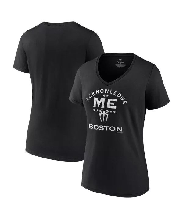 Women's Black Roman Reigns Acknowledge Me Boston V-Neck T-Shirt $10.08 T-Shirts