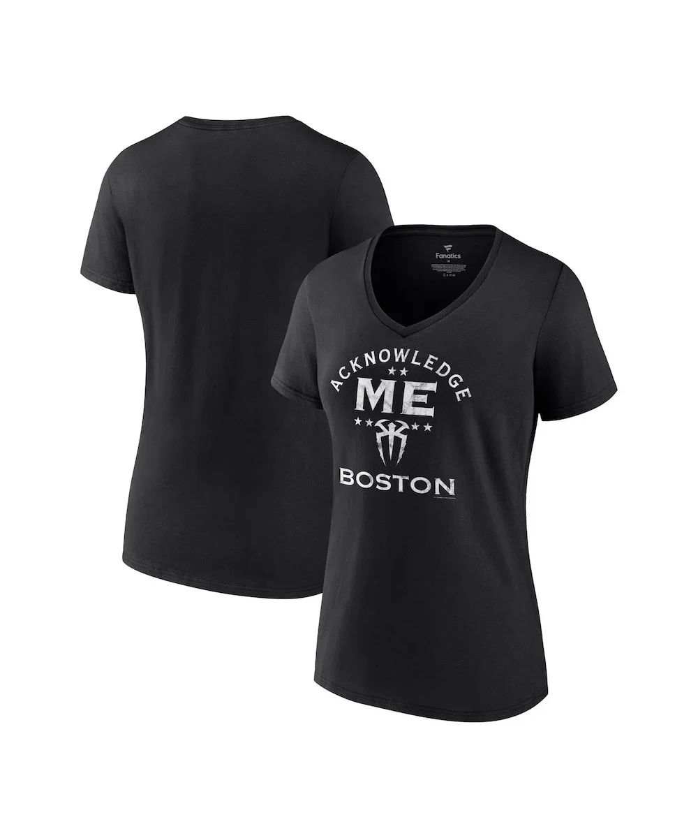 Women's Black Roman Reigns Acknowledge Me Boston V-Neck T-Shirt $10.08 T-Shirts