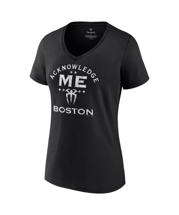 Women's Black Roman Reigns Acknowledge Me Boston V-Neck T-Shirt $10.08 T-Shirts