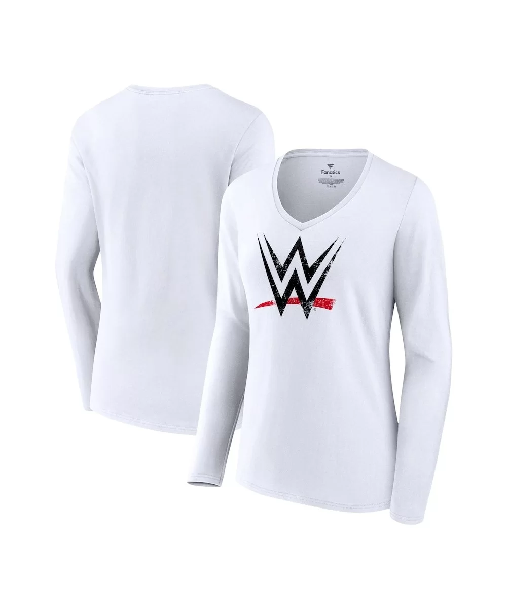 Women's Fanatics Branded White WWE Distressed Logo V-Neck Long Sleeve T-Shirt $9.80 T-Shirts