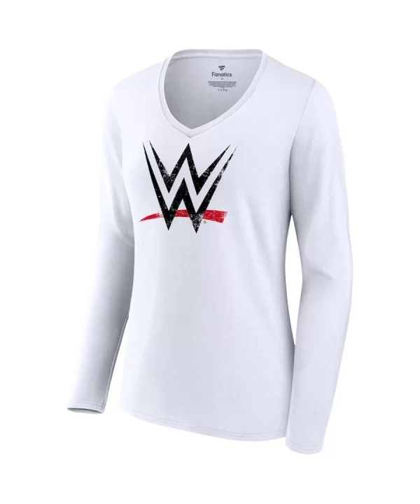 Women's Fanatics Branded White WWE Distressed Logo V-Neck Long Sleeve T-Shirt $9.80 T-Shirts