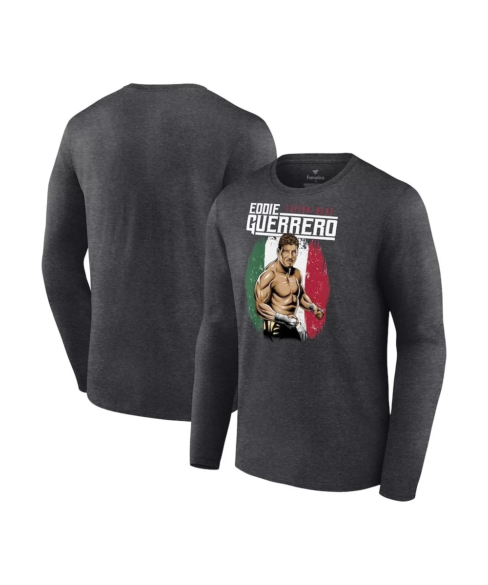 Men's Charcoal Eddie Guerrero Latino Heat Portrait Long Sleeve T-Shirt $13.44 T-Shirts