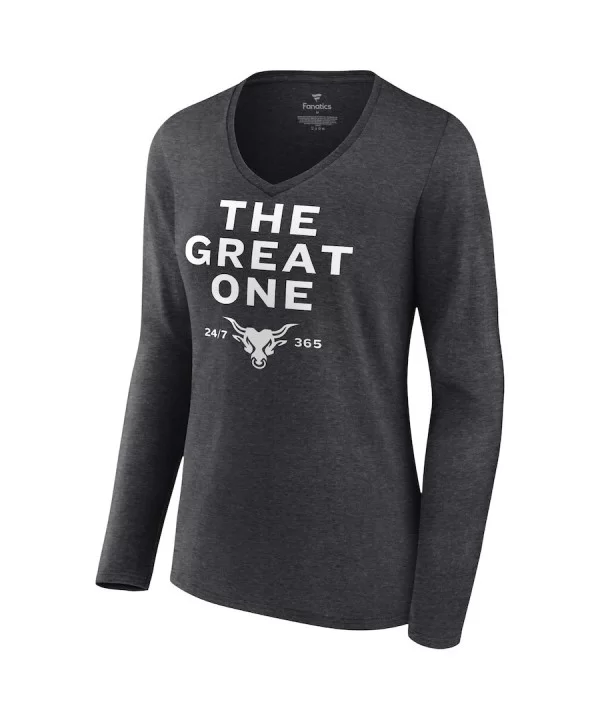 Women's Fanatics Branded Charcoal The Rock The Great One V-Neck Long Sleeve T-Shirt $12.04 T-Shirts