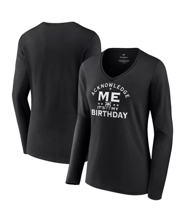 Women's Fanatics Branded Black Roman Reigns Acknowledge My Birthday V-Neck Long Sleeve T-Shirt $12.32 T-Shirts