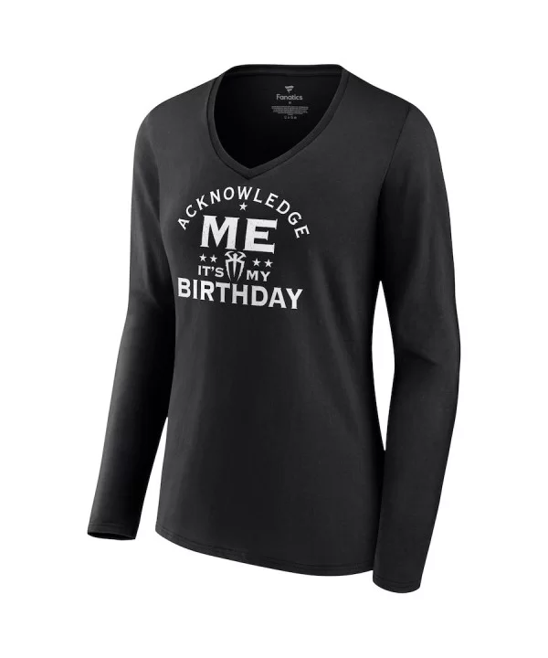 Women's Fanatics Branded Black Roman Reigns Acknowledge My Birthday V-Neck Long Sleeve T-Shirt $12.32 T-Shirts