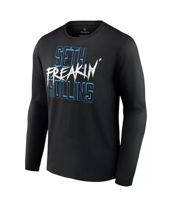 Men's Fanatics Branded Black Seth "Freakin" Rollins Blue Text Long Sleeve T-Shirt $12.88 T-Shirts