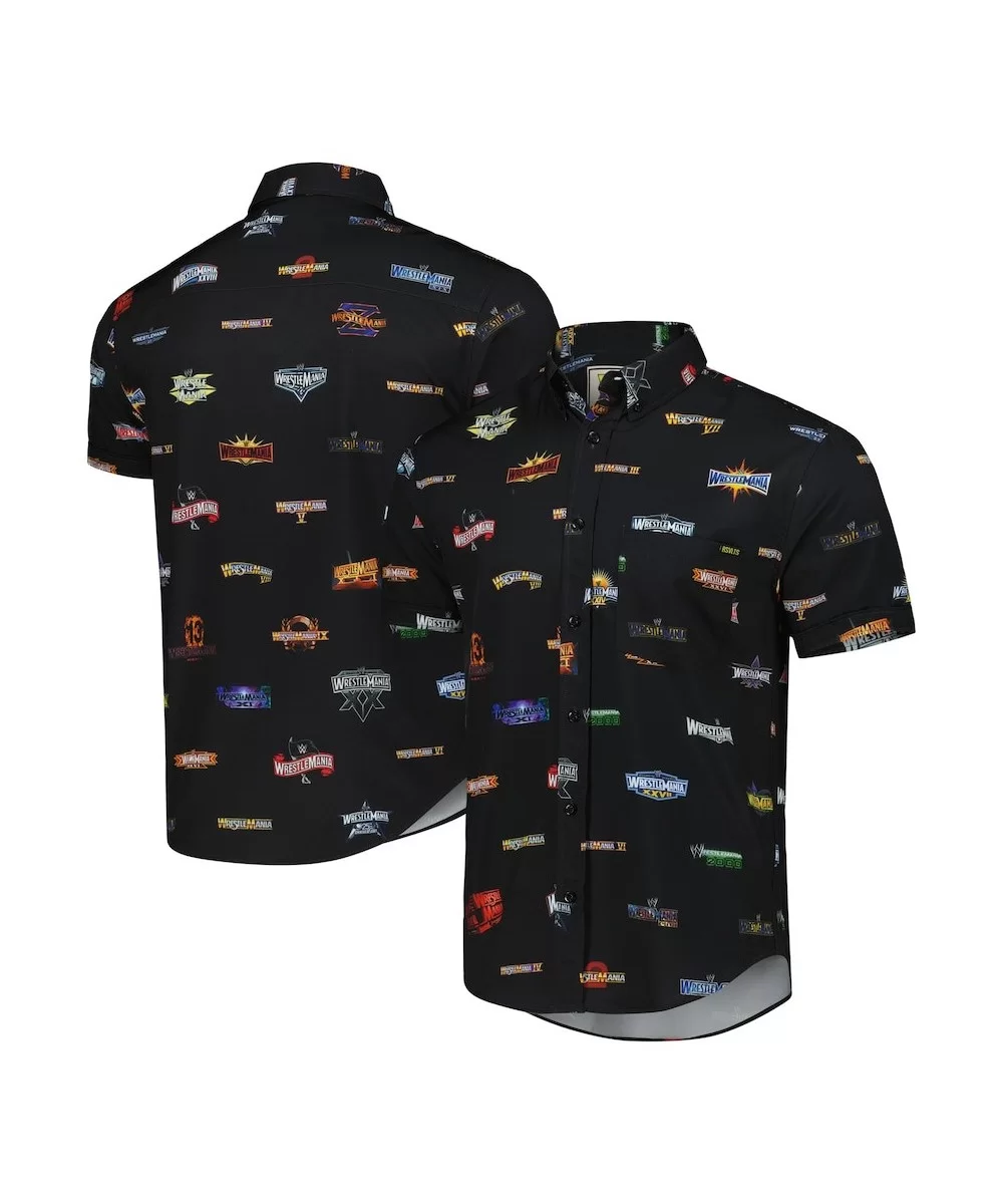 Men's RSVLTS Black WrestleMania Ode to WrestleMania KUNUFLEX Button-Down Short Sleeve Shirt $16.80 Apparel