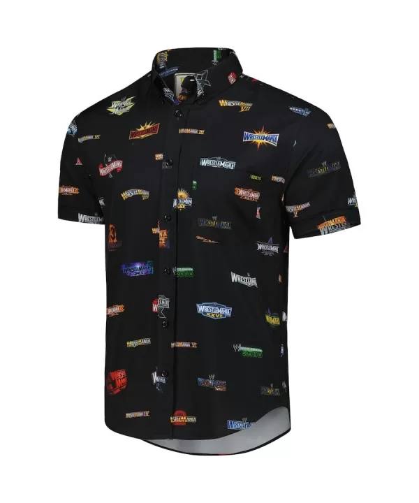 Men's RSVLTS Black WrestleMania Ode to WrestleMania KUNUFLEX Button-Down Short Sleeve Shirt $16.80 Apparel