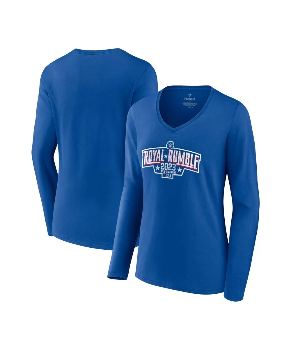 Women's Fanatics Branded Royal Royal Rumble 2023 San Antonio Logo Long Sleeve V-Neck T-Shirt $12.88 T-Shirts