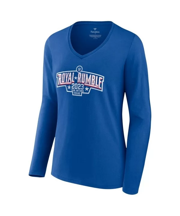 Women's Fanatics Branded Royal Royal Rumble 2023 San Antonio Logo Long Sleeve V-Neck T-Shirt $12.88 T-Shirts